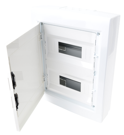 Rozdzielnica natynkowa z białymi płaskimi drzwiami, szyna N/ 2×12 (24) modul IP40 (H×W×D=415×330×100mm) EDFKSN-12/2 TRACON