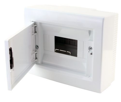 Rozdzielnica natynkowa z białymi płaskimi drzwiami, plastik 1×8 (8) modul IP40 (H×W×D=195×240×90mm) EDFKSN-8/1 TRACON