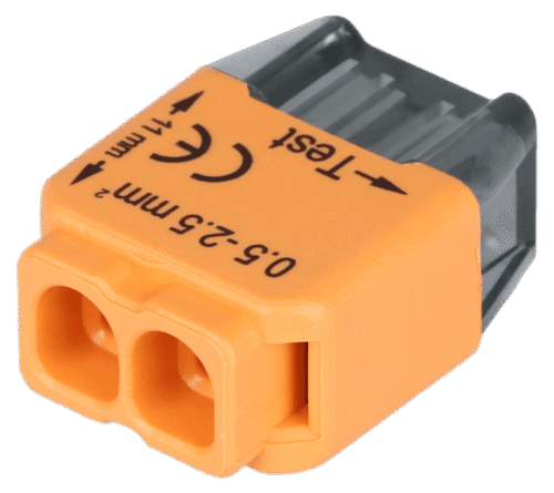 Łącznik bezśrubowy, wtykany, pomarańczowy 2x0.5-2.5mm2 450VAC max. 16A RVU2,5-2 TRACON