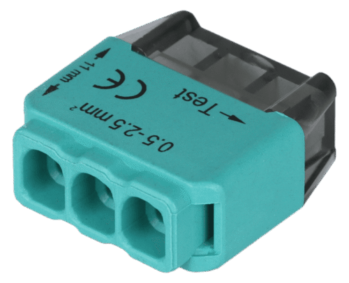 Łącznik bezśrubowy, wtykany, zielony 3x0.5-2.5mm2 450VAC max. 16A RVU2,5-3 TRACON