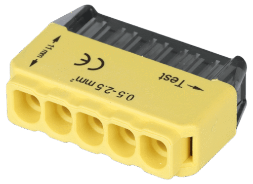 Łącznik bezśrubowy, wtykany, żółty 5x0.5-2.5mm2 450VAC max. 16A RVU2,5-5 TRACON