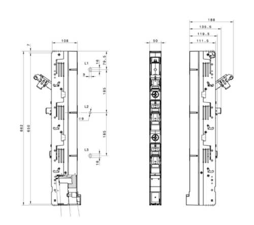 Pionowy rozłącznik listwowy, otwarcie pól osobno 500/690V AC 220/400V DC max.160A SL00-3X/185/KU00 TRACON