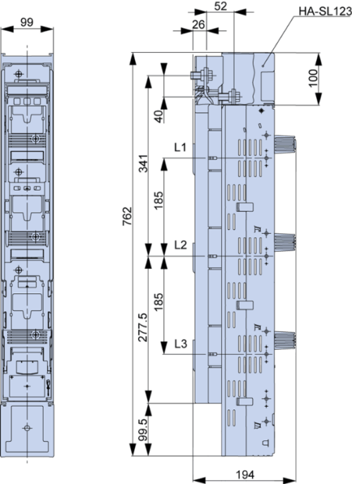 SL1-3X9KM2G-F-1 Pionowy rozłącznik listwowy, otwarcie pól osobno 500/690V AC 220/400V DC max.630A SL3-3X/3A TRACON