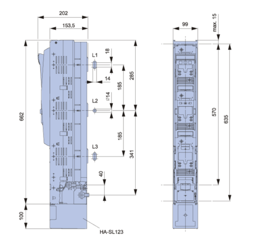 Pionowy rozłącznik listwowy, otwarcie pól jednocześnie 500/690V AC 220/400V DC max.400A SL2-3X3/9/KM2G-F TRACON