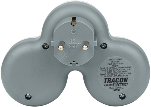 TND2-USBAC-2 Rozgałęźnik wielogniazdowy SCHUKO, USBC+USBA, szary + biały 2×SCHUKO max.16A 230VAC TND2-USBAC TRACON