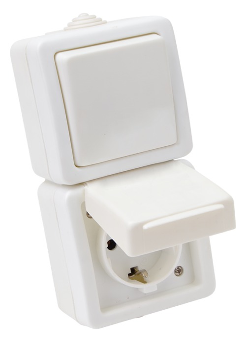 Natynkowy wyłącznik jednobiegunowy+gniazdo schuko, pionowy 16A/250VAC IP44(101) TR-PH03V TRACON