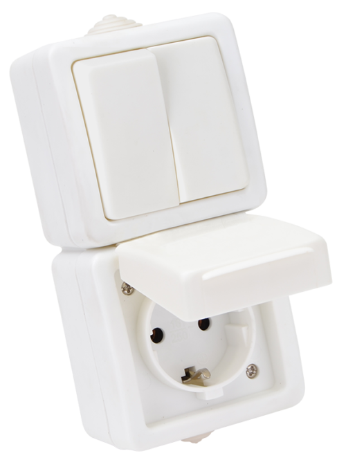 Natynkowy wyłącznik świecznikowy + gniazdo schuko, pionowy 16A/250VAC IP54 (105) TR-PH09V TRACON